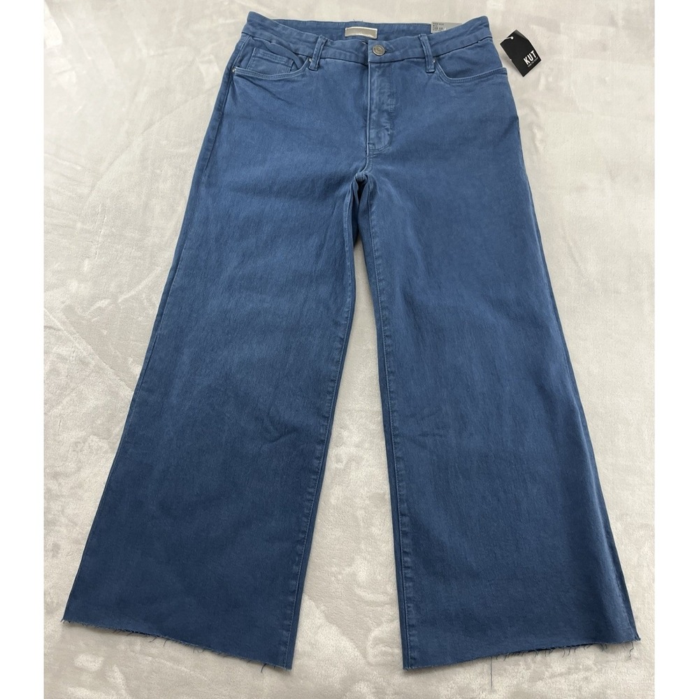 Kut from the Kloth Meg Fab Ab Jeans Women 10 Blue Wide Leg High Rise Raw Hem NEW